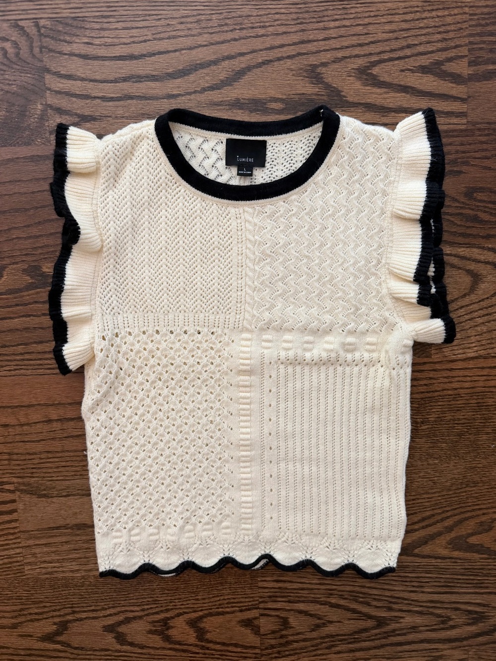 Lumiere Ivory Knit Top with Black Contrast Trim